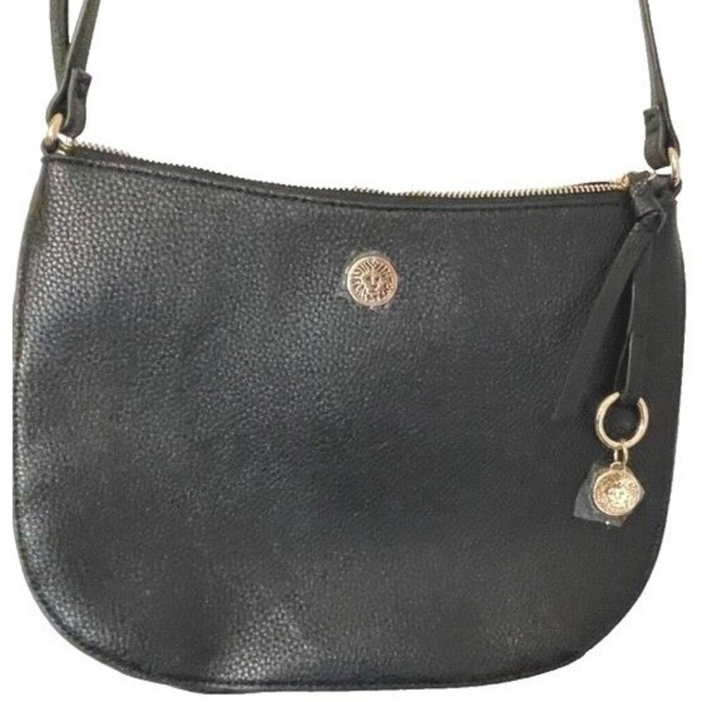 Anne Klein Black Faux Leather Cross Body Bag zipper logo hangtag gold tone